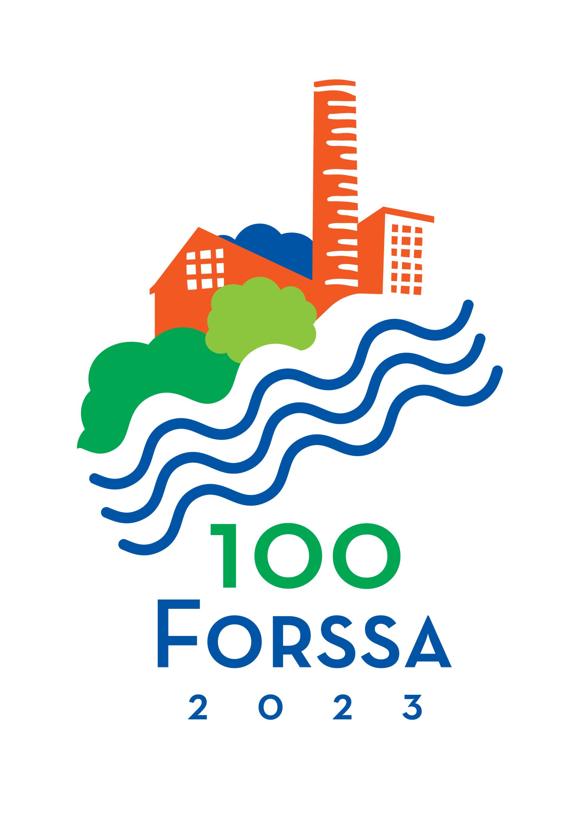 Forssa100-v juhlavuoden graafinen logo, jossa on tyylitelty tehdas, metsä ja joki.